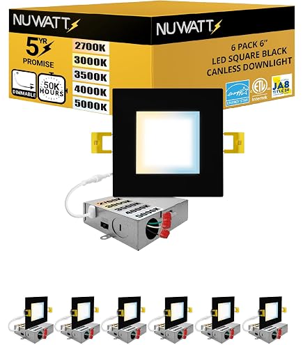 NUWATT 12 Pack 6 Inch LED Canless Square Black Recessed Lights