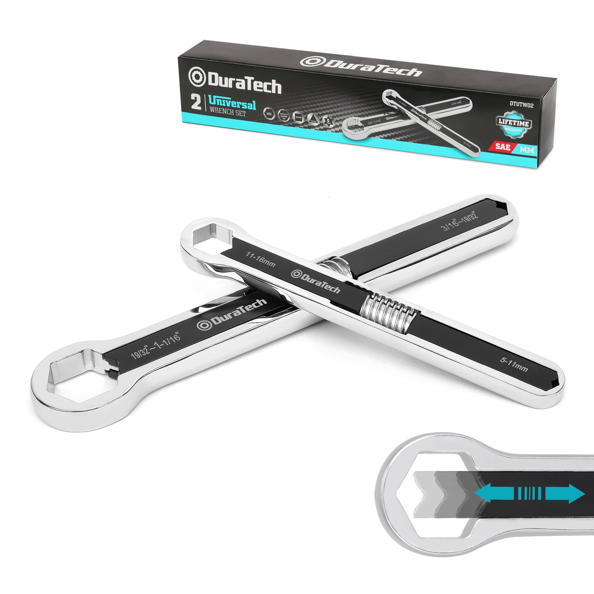 DURATECH Universal Combination Spanner Set, Adjustable Wrench Set, 2 Piece Multifunctional Wrench Set, Total Ring Spanner Set, 44 in 2, Metric and SAE 5mm to 27mm and 3/16" to 1-1/16"