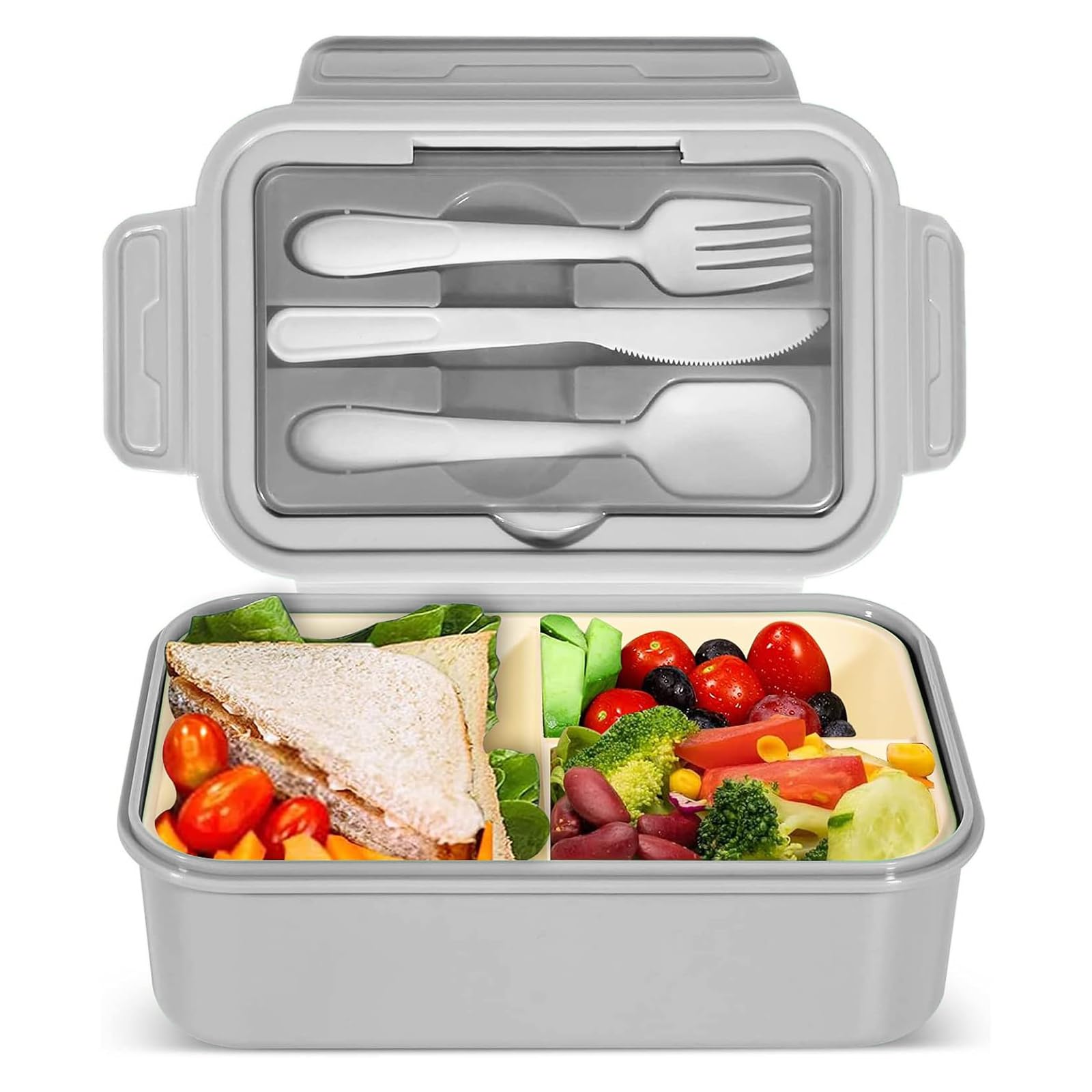 IJIAMY Bento Lunch Box - 1400ml Adult & Kids Lunch Container with 3 Compartments, Cutlery, Dishwasher Safe, BPA Free