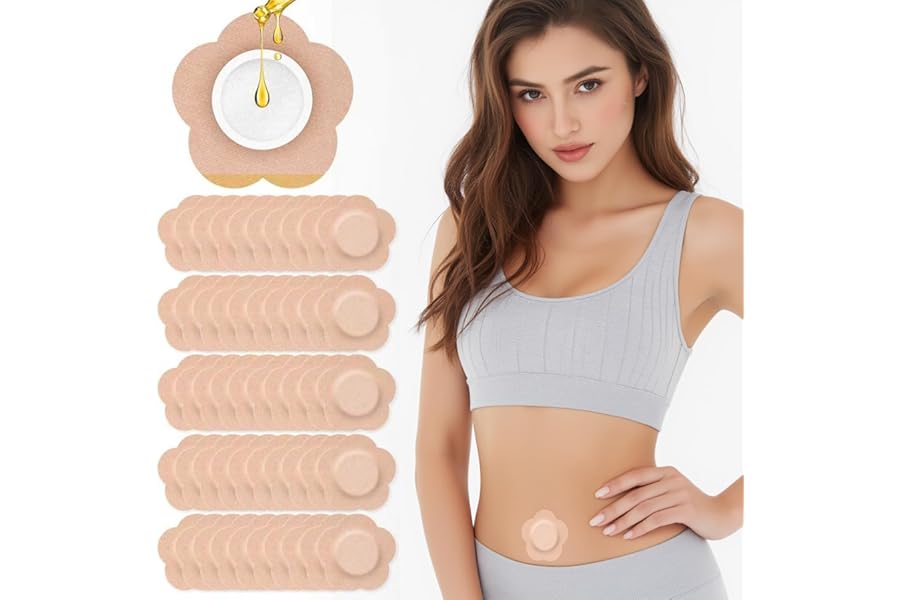 Castor Oil Patches – 50PCS Disposable Organic Cotton Belly Button Patch, Leak-Proof, Self-Adhesive, Hypoallergenic, Easy to Use（Beige）