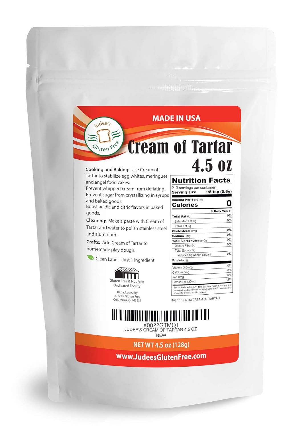 Amazon Com Judee S Cream Of Tartar 4 5 Oz Made In The Usa Highest Purity Baking Additive Gluten Free All Natural Grocery Gourmet Food
