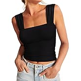 REORIA Womens Sexy Square Neck Double Lined Mesh Sheer Ruched Crop Going Out Tops Y2k Trendy Cute Tank Top Summer Outfits