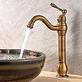 Antique Brass Kitchen Faucet Long Vintage Bathroom Faucet 1 Hole Tall Vessel Sink Faucet 360° Swivel Single Handle Basin Mixer Tap Hot and Cold Water Brushed Gold