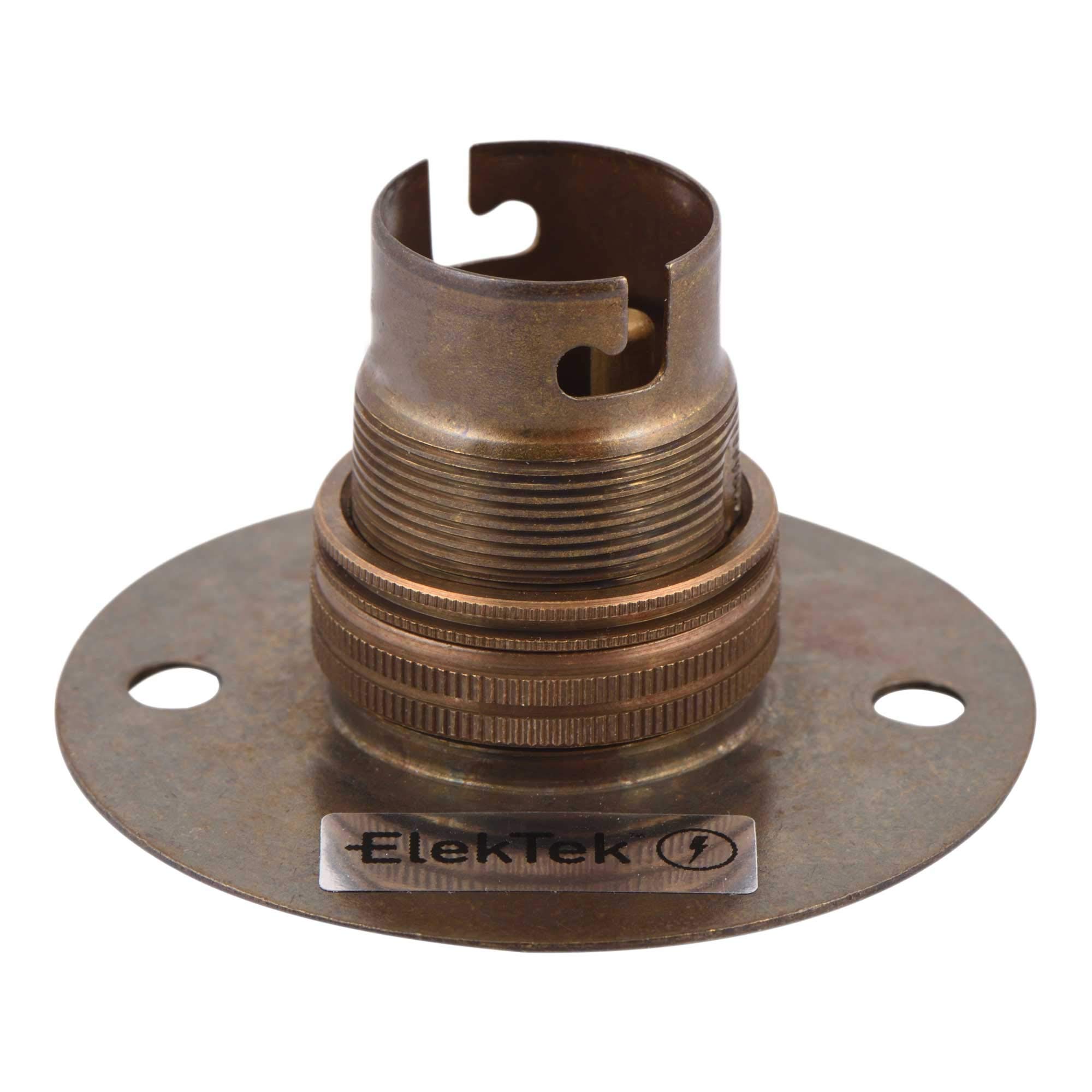 ElekTek Antique Brass B22 Batten 67mm Base BC Bayonet Cap Lamp Holder with Shade Ring, 50mm/2” Centre Fixings FITS BESA Conduit Box - Made in UK