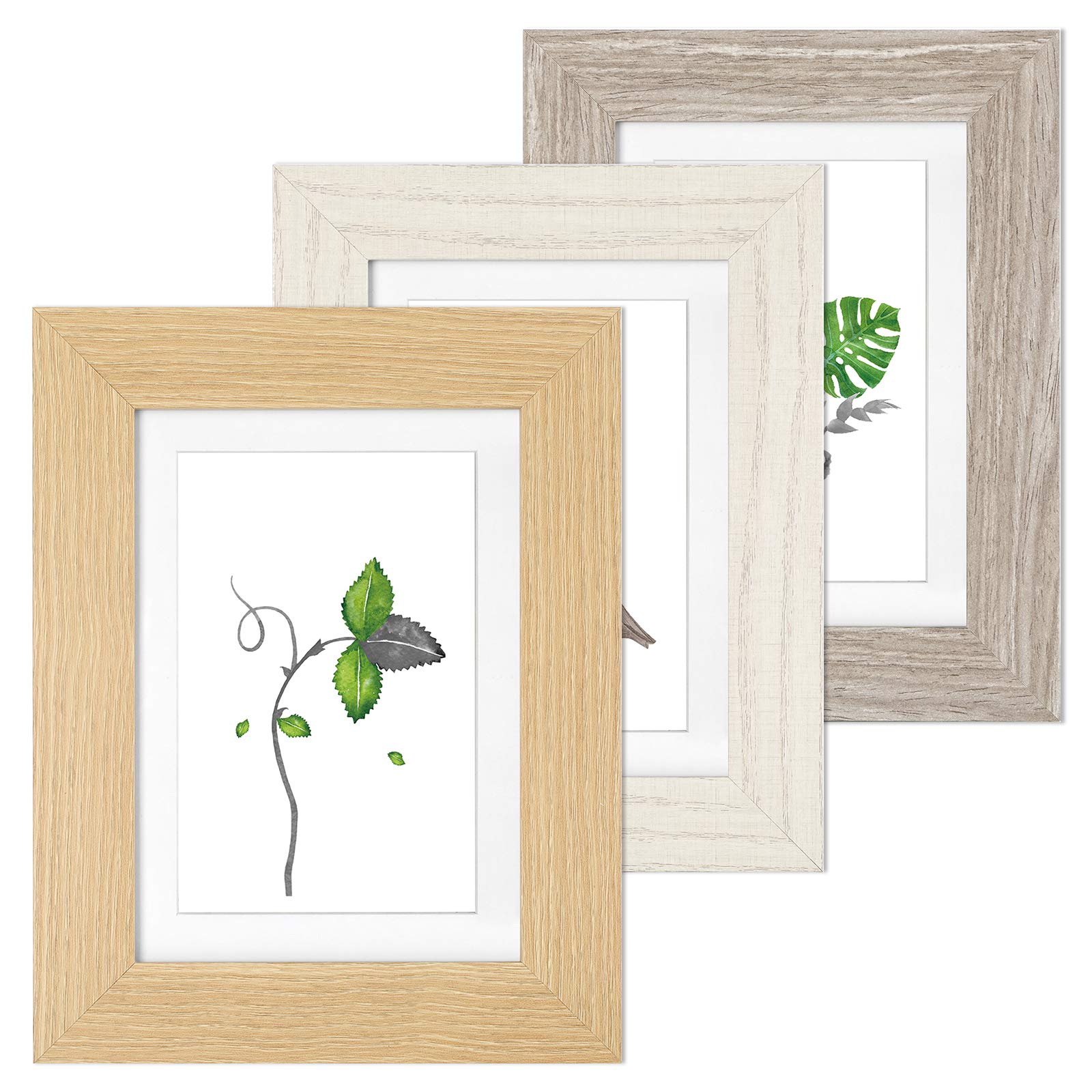 SONGMICS Picture Frames, Set of 3, Table and Wall Display, for 4 x 6 Inch (10 x 15 cm) and 5 x 7 Inch (13 x 18 cm) Photos, Glass Front, Wood Grain White, Grey, and Brown Finish RPF38WG
