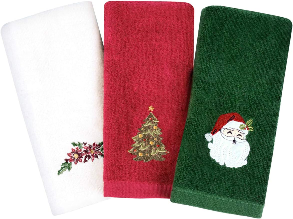 Armyte Christmas Hand Towels Washcloths, 20x45cm 100% Pure Cotton Towels for Bathroom Kitchen Home Wash Basin, Drying, Cleaning, for Family/Friend (Set of 3: Red, White, Green)
