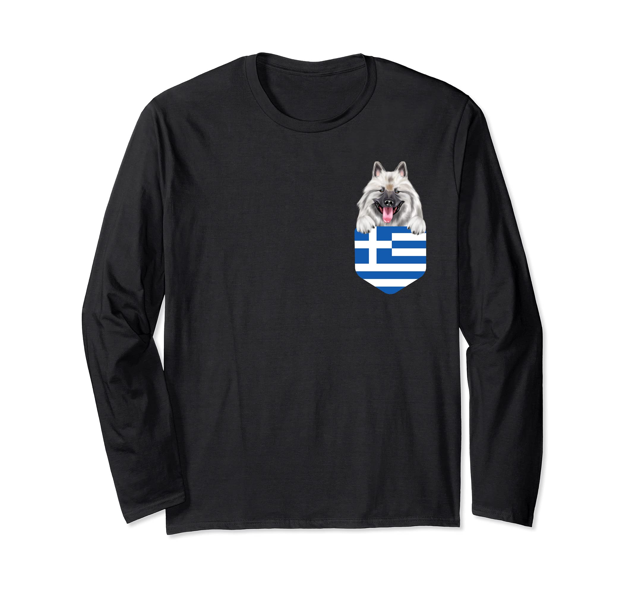 Greece Flag Keeshond Dog In Pocket Long Sleeve T-Shirt