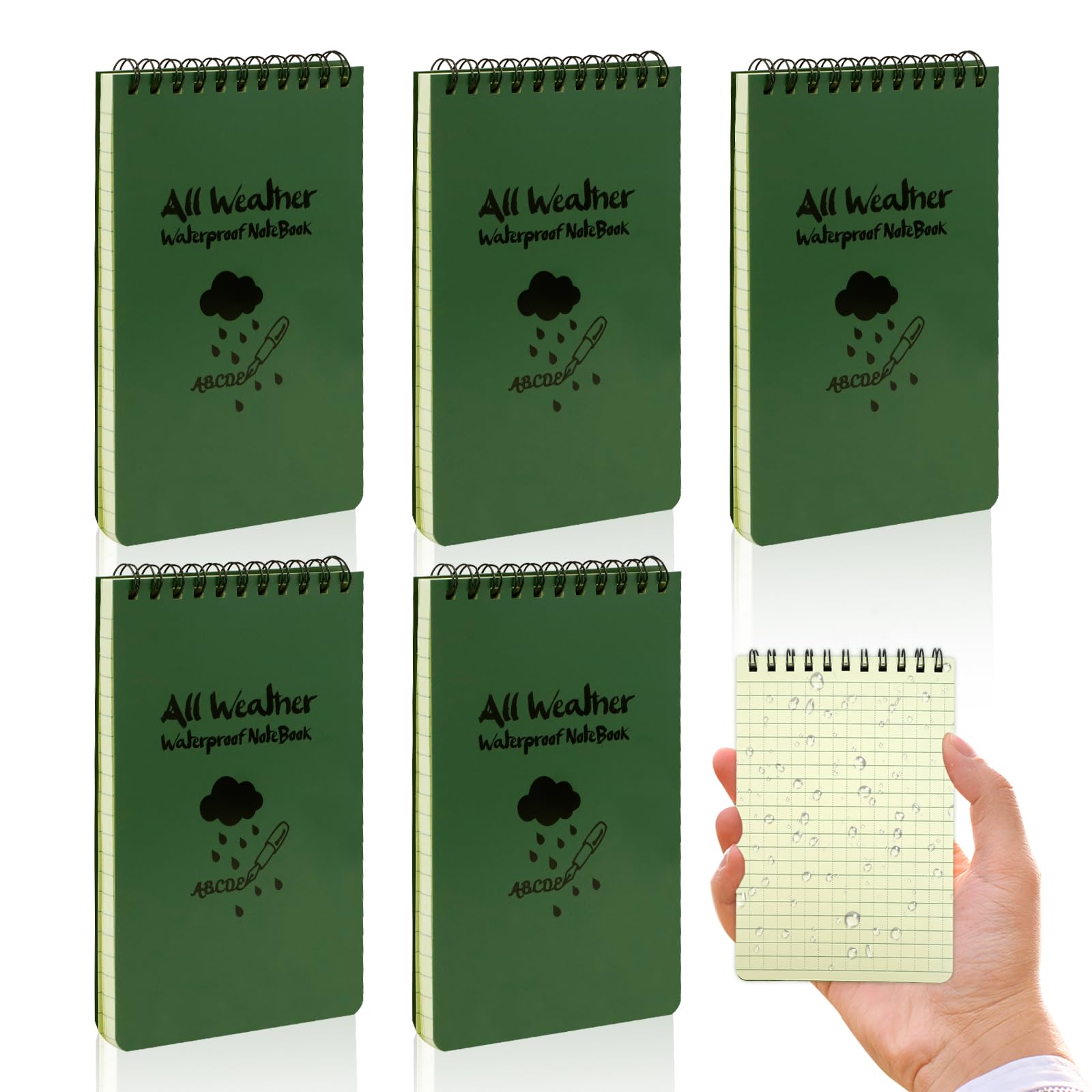 HUOMAQFAN 5 Pack Waterproof Notebook, All-Weather Pocket Sized Tactical Notepad, Top Spiral Memo Grid Paper Mini Notepad for Outdoor Office School Home Activities Recording(Army Green，4 x 6inches/)