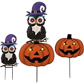 TERESA'S COLLECTIONS Halloween Yard Stake for Outdoor Halloween Decor | Metal Stacked Solar Owl Pumpkin Garden Stake for Cute Halloween Decor Outdoor, Yard Lawn Garden Pathway Decor, Medium