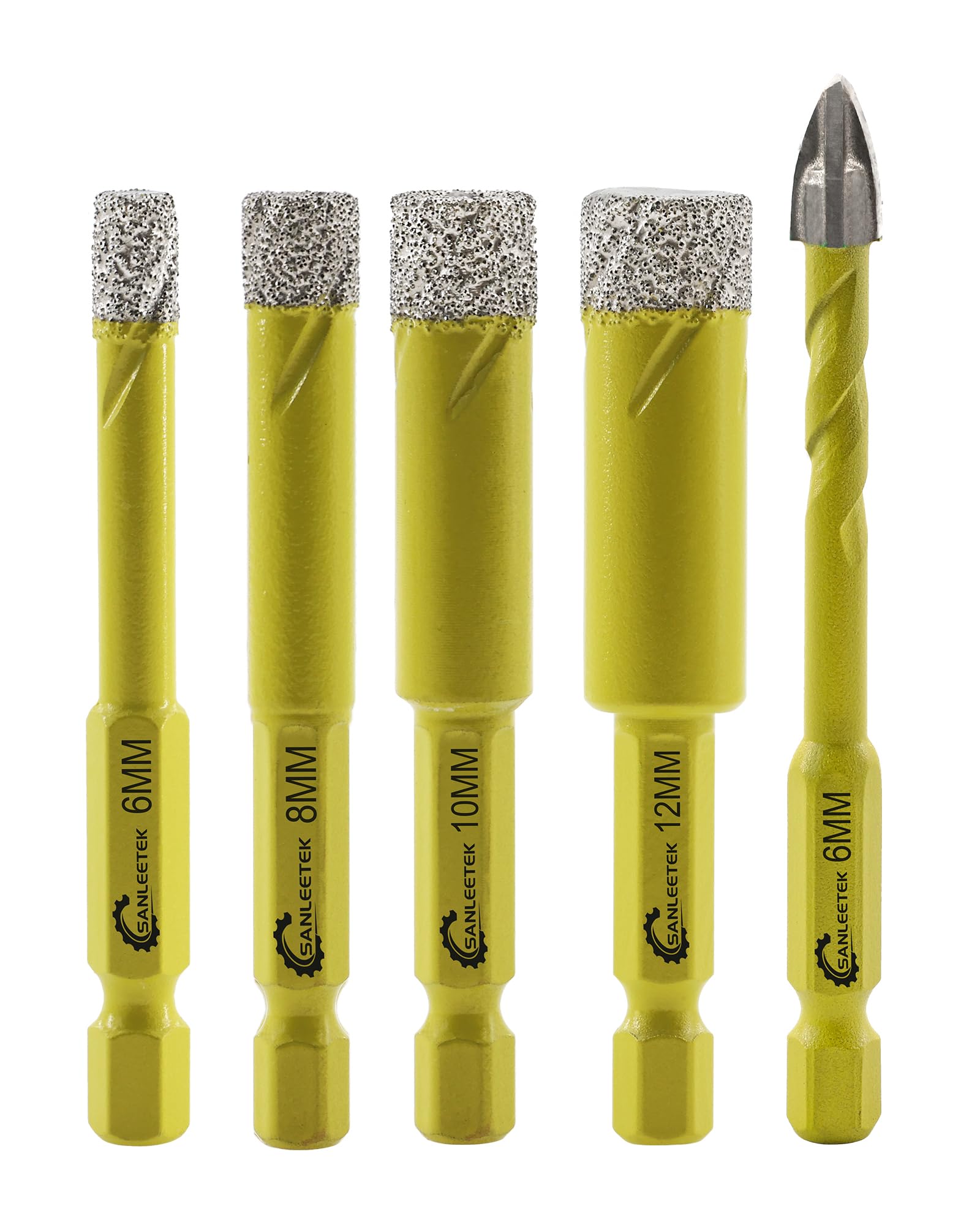 Dry Diamond Drill Bits Set - 4pcs 6/8/10/12mm SANLEETEK Hole Saw and 1pc 6mm Carbide Drill with Quick Change Hex Shank for Marble Granite Ceramic Porcelain Tile — image 1