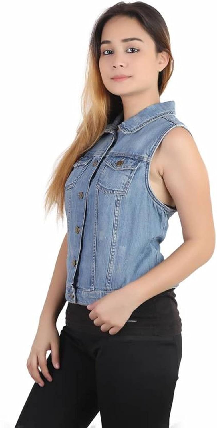 g.s.a enterprises denim solid light blue sleeveless regular collar women jacket