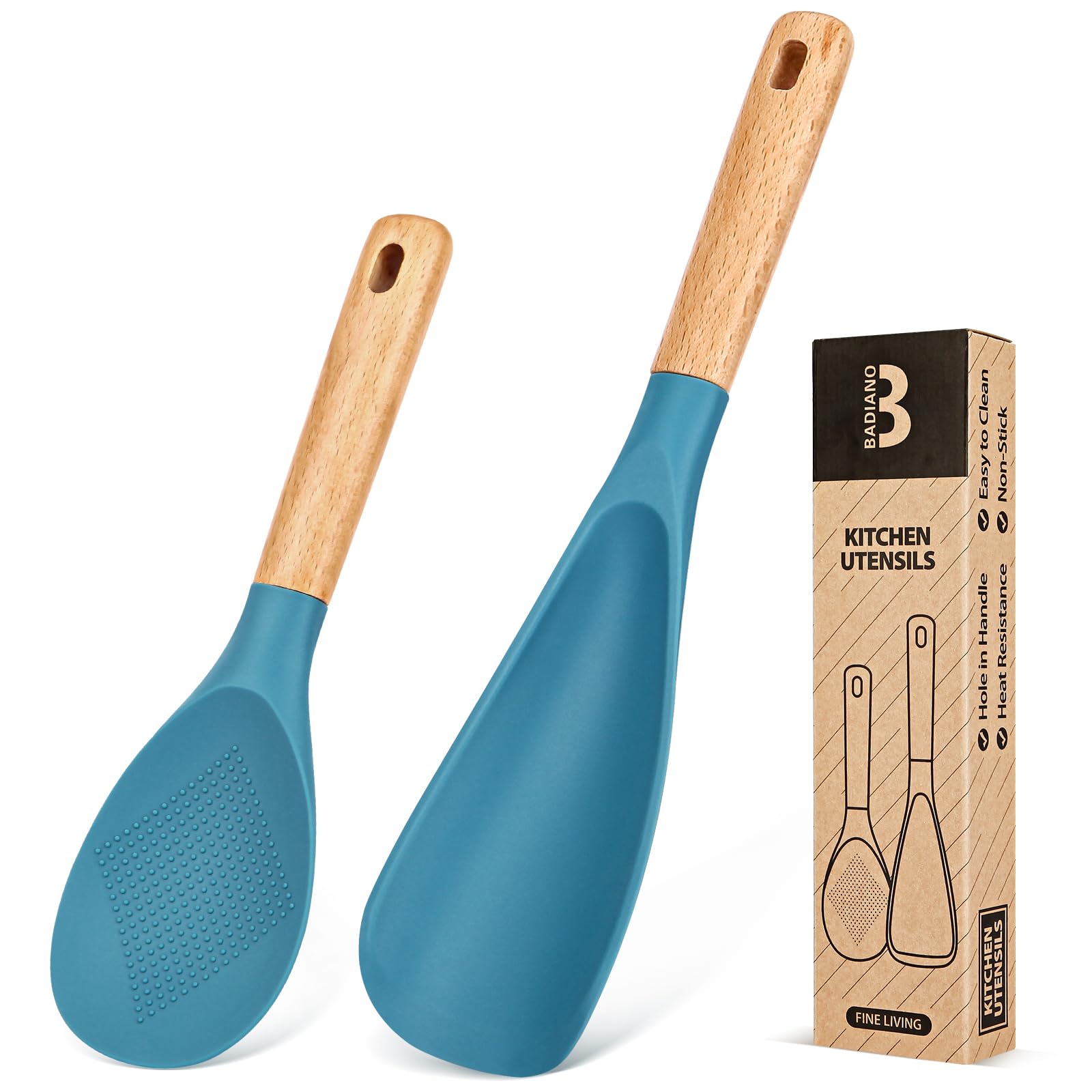 Photo 1 of Cooking Spoon and Rice Scooper for Nonstick Cookwares, Great for Cooking and Serving Sturdy BPA-Free Matte Silicone, Wood Handle Spoon for Mixing, Scoop, and Scrape, Turquoise