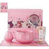ZENS Pink Matcha Set, Matcha Whisk Set Includes 15oz Ceramic Bowl & (Chasen Holder), Bamboo Whisk & Scoop, Sifter and Pink Tea Towel, 6pcs Matcha Kit for Matcha Lovers