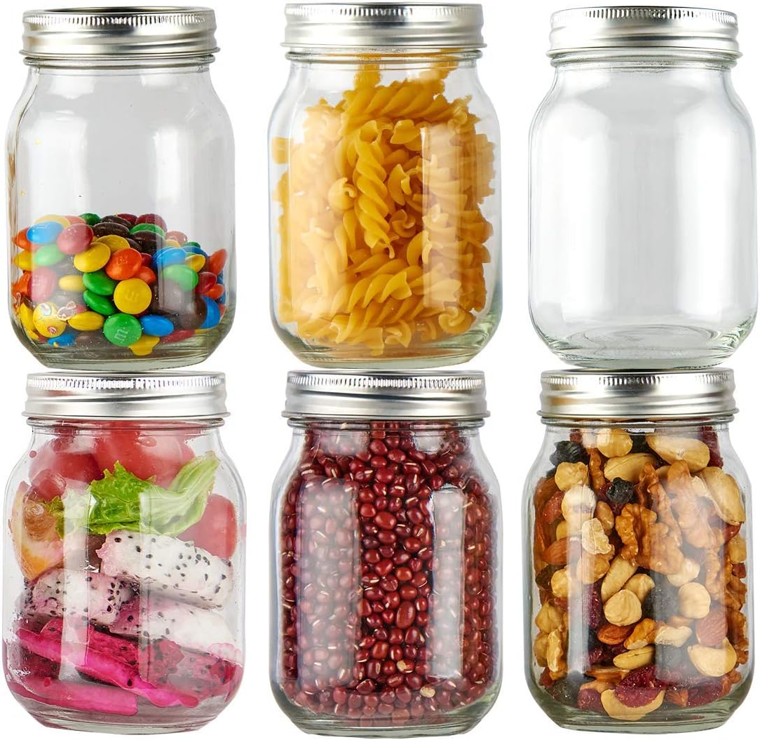 Simiao Mason Jars 16 oz 6 Pack Canning Jars with Regular Lids and Bands Jelly Jars for Jam, Honey, Wedding Favors, Shower Favors, Baby Foods, DIY Glass Jars (16 oz 6 Pack)