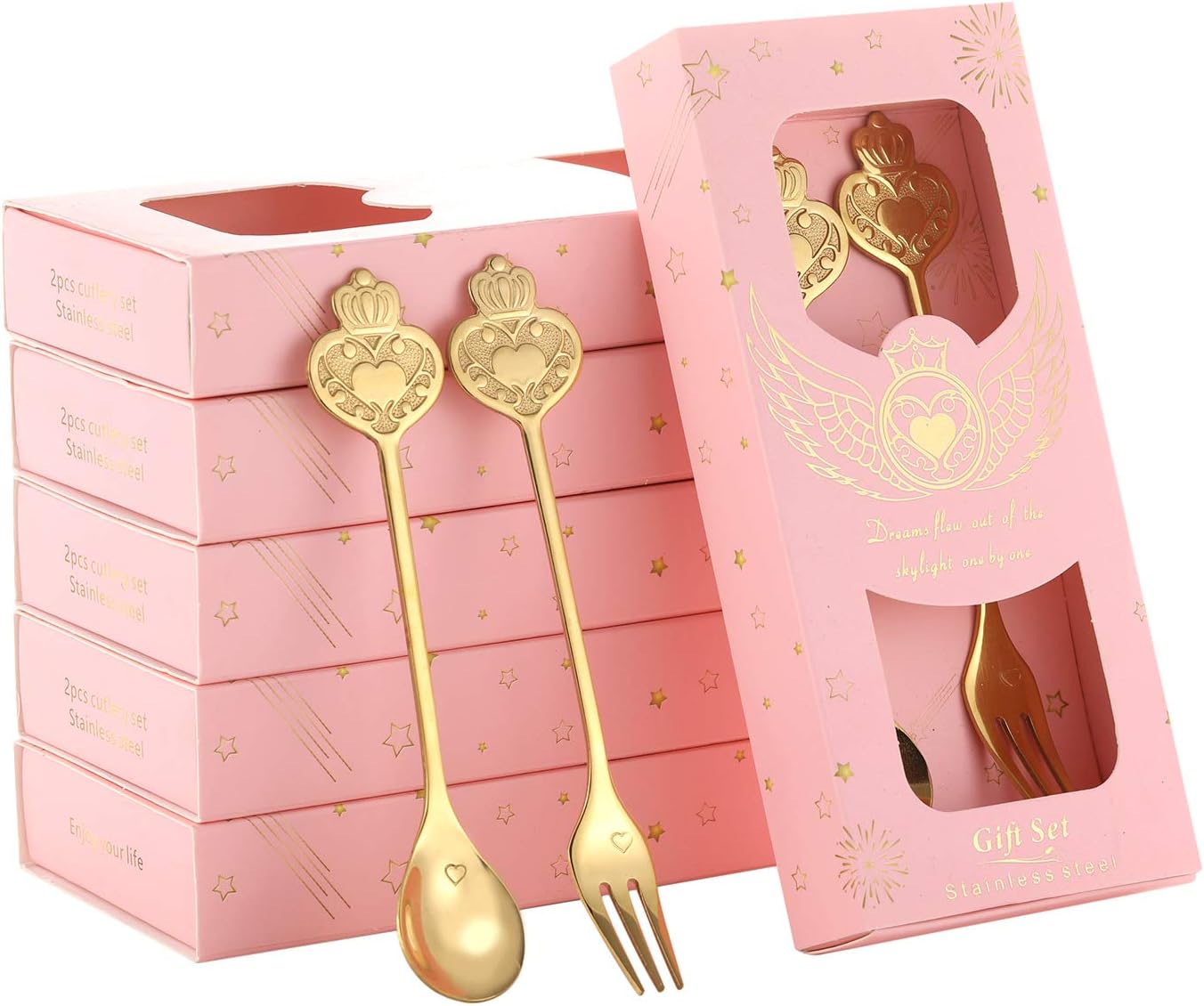 20 Pairs Gold Coffee Spoon and Fork Gift Set for Wedding Favors/Souvenirs,Dessert Spoon and Fork for Wedding, Bridal Shower, Girl Baby Shower Party Favor Supplies by Weddparty (Pink, 20)