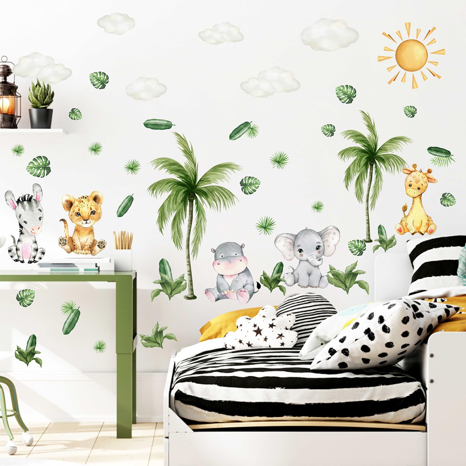 50 Pcs Jungle Animal Wall Decals Safari Cartoon Tree Stickers Watercolor Sun Cloud Large Palm Zoo Baby Room Bedroom Nursery Decor