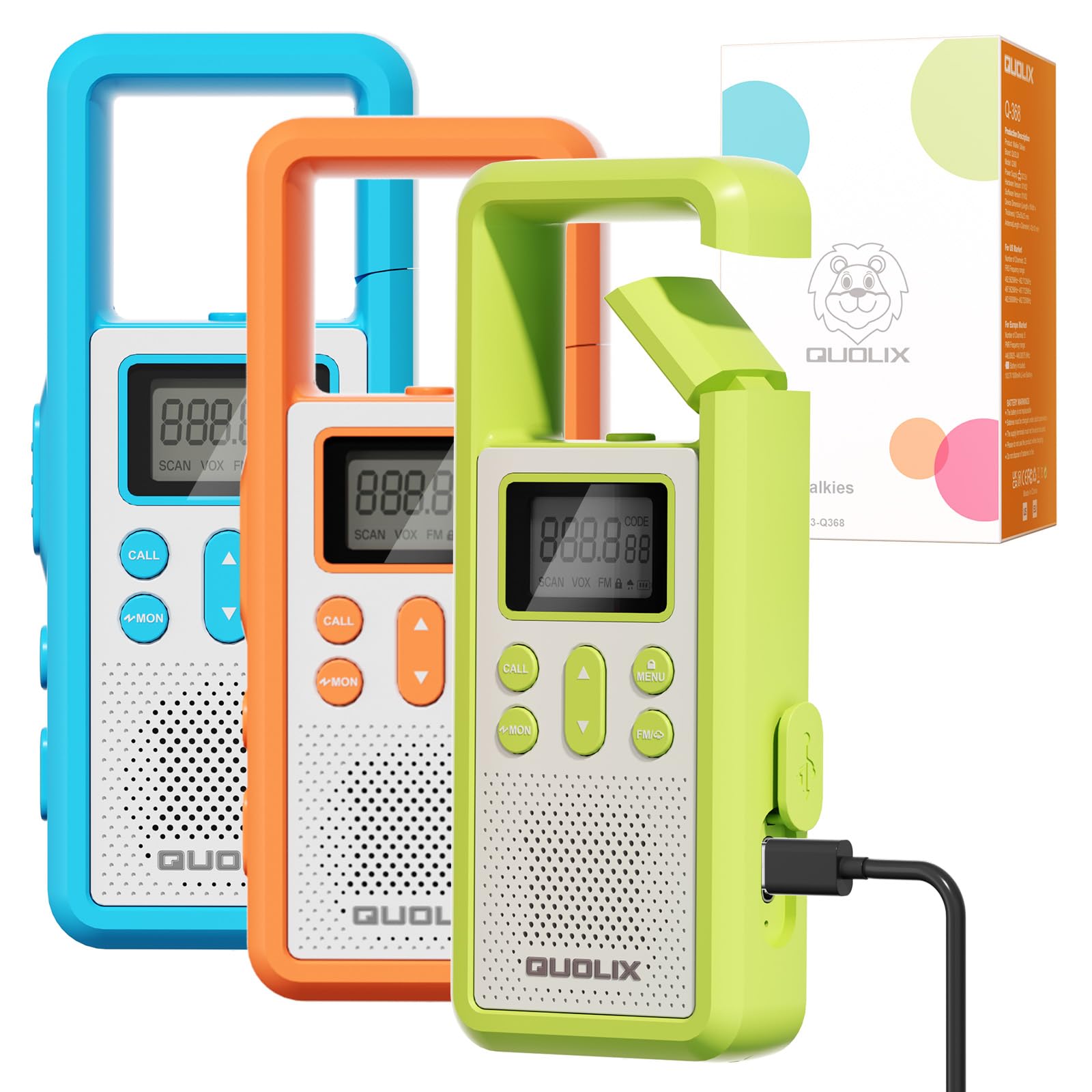 QUOLIX Kids Walkie Talkies Rechargeable, 3-12 Year Old Boys Girls Toys, Long Range Outdoor Walky Talky with Flashlight, for Camping & Hiking Adventures 3 Pack
