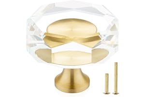 QOGRISUN 5-Pack Brass Crystal Cabinet Knobs,Glass Crystal Gold Drawer Knobs,1-1/4-Inch Polygon,Decorative Dresser Pulls, Modern Cabinet Hardware