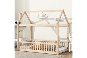 ROCKINGRUN Montessori Floor Bed with Safety Guardrails and Slats, Twin Size House Roof Shape Solid Pine Wood Floor Bed Frame, for Kids, Girls, Boys, Child Bedroom, Kids Playroom (Natural)