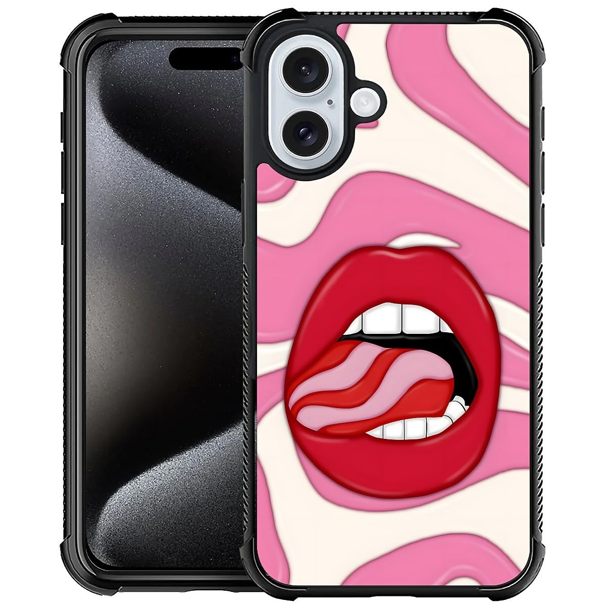 OKBUOK for iPhone 16 Plus Case, Shockproof Protective Slim Pattern Cover Pink Wavy Lips