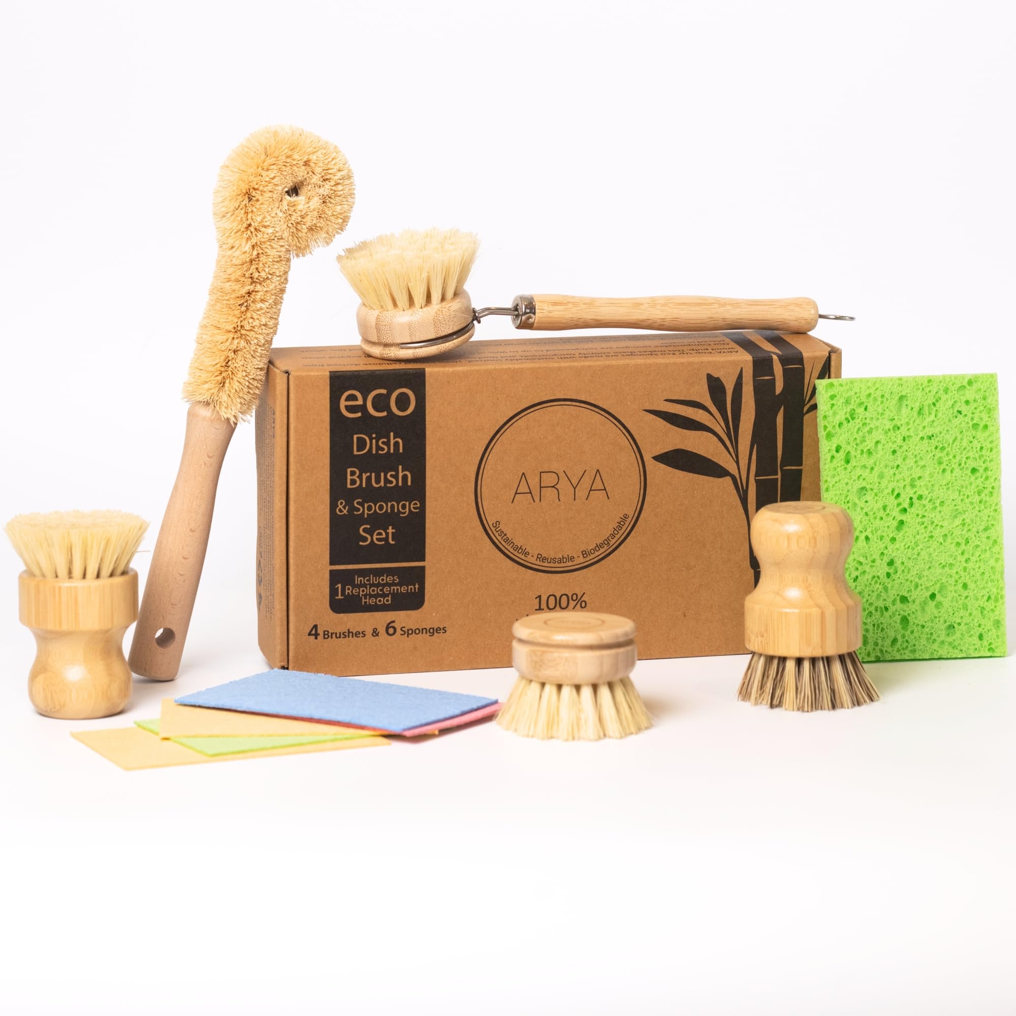 ARYA. | Eco Dish Brush & Sponge Set | 4 Kitchen Washing Up Brushes, One Replacement Head & 6 Cellulose Sponges | Wood, Natural Fibers & Cellulose | Eco Friendly Alternatives