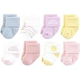 Hudson Baby Infant Girl Cotton Rich Newborn and Terry Socks, Pastel Sun And Rainbow, 0-6 Months