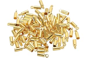 PATIKIL 100Pcs Cord End Caps 2mm End Cap Barrel Beads Kumihimo End Caps Brass for Leather Cord, Tassels, Jewelry Making 2.5mm Length Gold