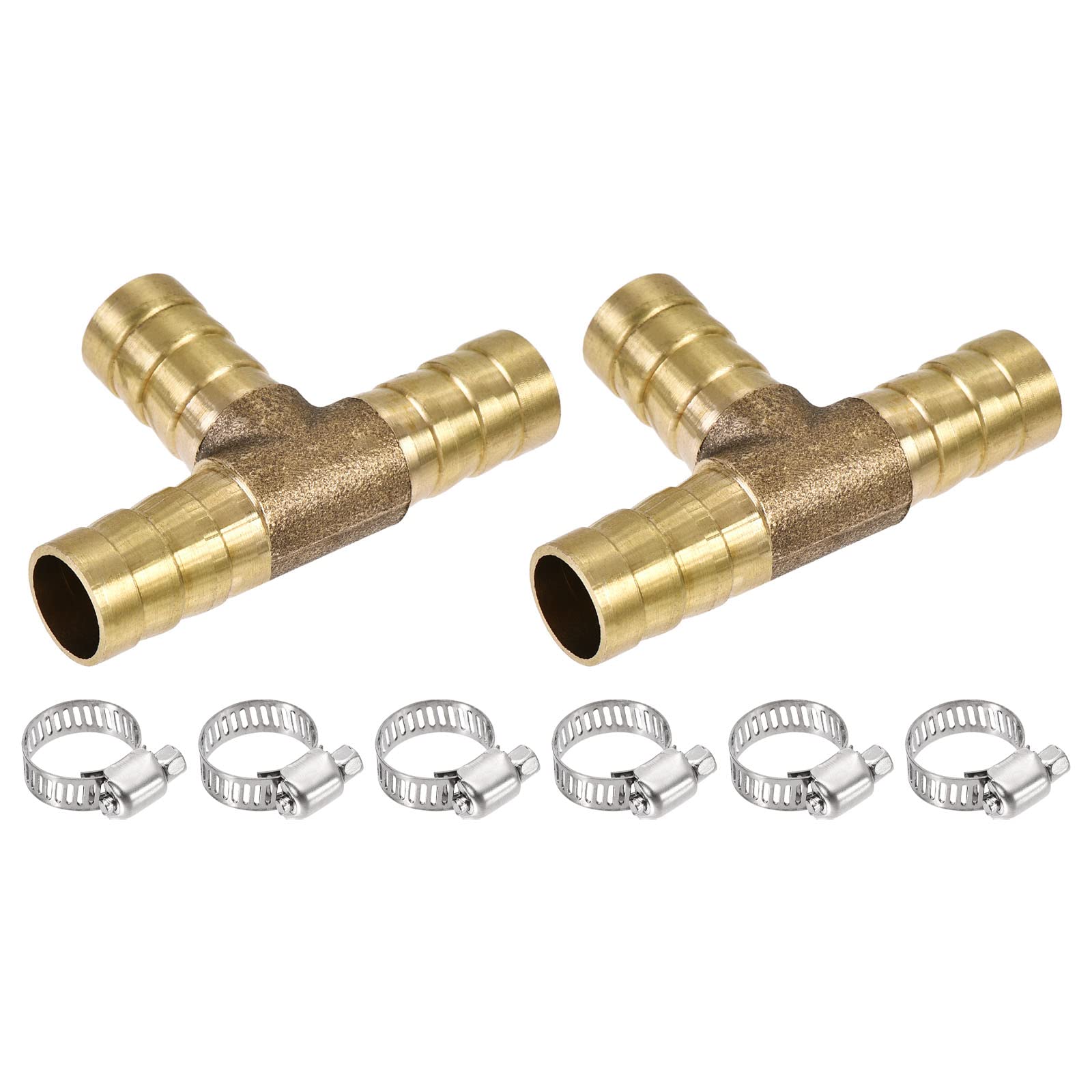 M METERXITY 2 Pack Barb Hose Fittings - 10mm OD Brass Hose Fitting Pipe Connector with Hose Clamps Apply to Water Fuel (T Shaped 3 Way)