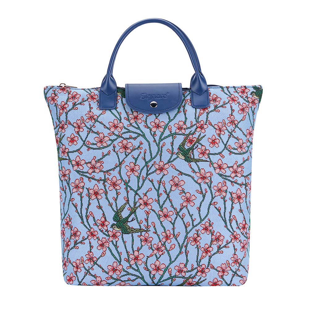Signare Tapestry Foldable Tote Bag Reusable Shopping Bag Grocery Bag with Designs Inspired by V&A Collections (Blossom and Swallow; FDAW-BLOS)