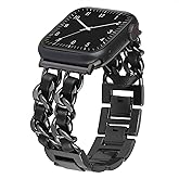 LOFOV Compatible With Apple Watch Band for Woman 42mm 44mm 45mm 49mm, Metal Strap Leather Over Gold Chain Cowboy Style Replacement iWatch Series 9 8 7 6 5 4 3 2 1 SE (Black Link with Black Leather)