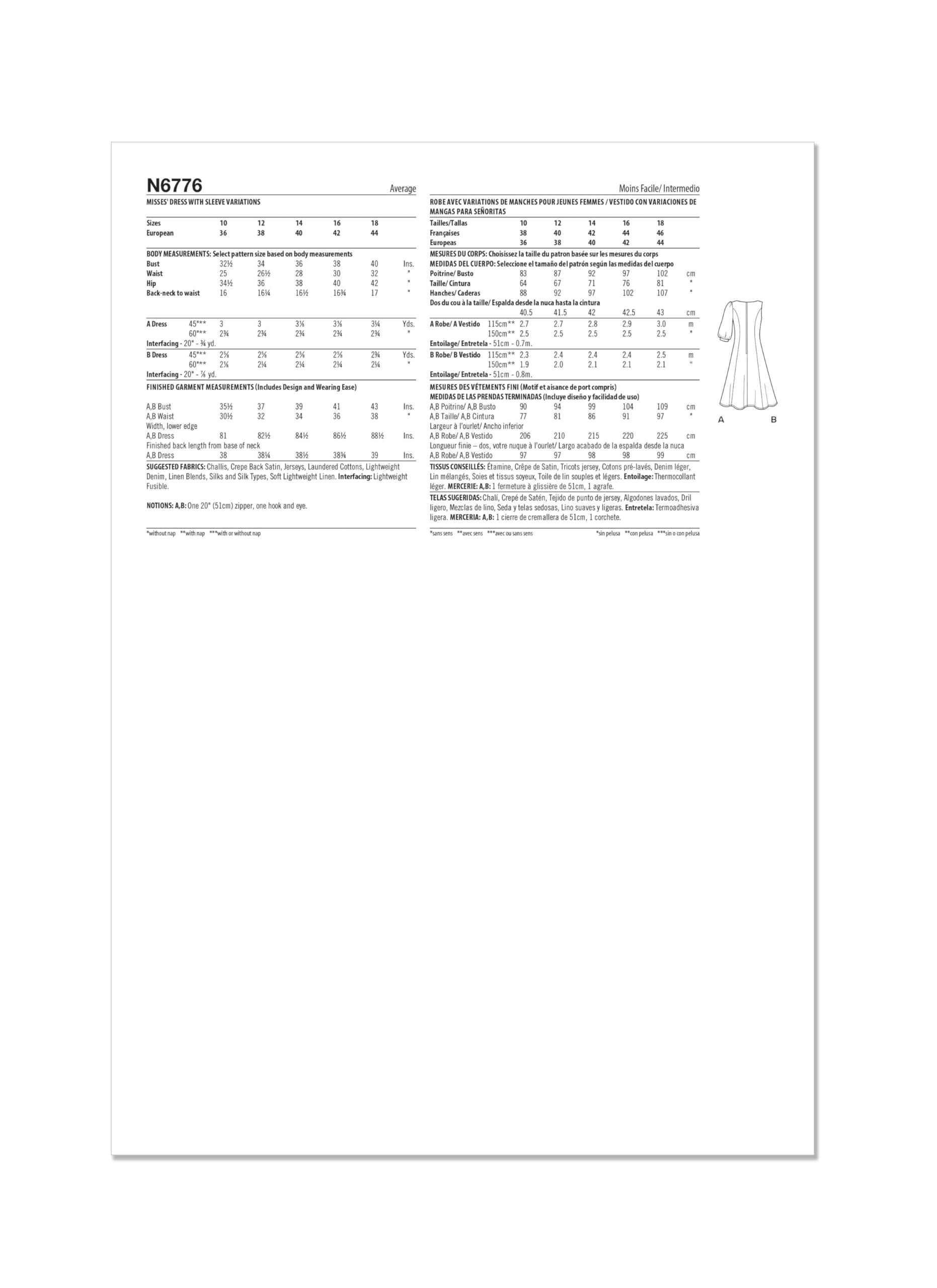 NEW LOOK Paper Pattern UN6776A Misses' Dress with Sleeve Variations A (10-12-14-16-18)