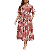 Nemidor Womens Plus Size Maxi Dress Summer Boho Sundress Floral Print Flared Casual Long Dresses with Pocket