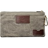 All Purpose Utility Zipper Pouch, EDC Organizer, Water Resistant, Durable Waxed Canvas with Full Grain Leather, Carabiner, Inner Pockets, Office Work Essentials, Charger Case, Pencil Case. Olive.