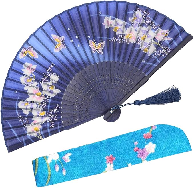 OMyTea Hand Held Silk Folding Fans with Bamboo Frame with a Fabric Sleeve for