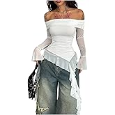 OYOANGLE Women's Off Shoulder Mesh T Shirt Y2K Long Sleeve Asymmetrical Hem Ruched Crop Top