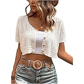 Verdusa Women's Crop Cardigan Short Sleeve Button Down Hollow Out Crochet Sweater Knitwear