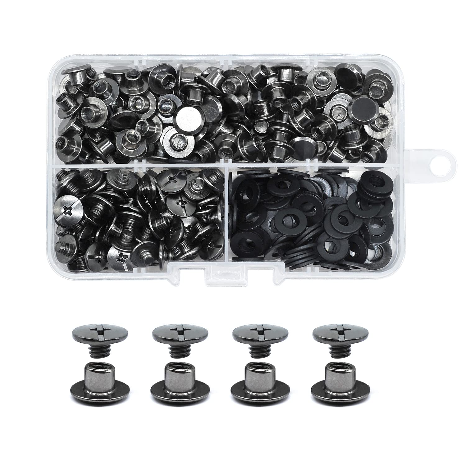 JINTANG 100 Sets M5x4mm Chicago Screws Leather Rivets for Fabric Chicago Binding Screws Buttons Metal Studs Rivets for Decorate and Repair Belts Bags Shoes Purse Dog Collar Leather Craft, Gun Black