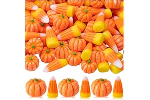 GDZRDFLH 70 pcs Halloween Resin Pumpkins Fake Candy Corn Decoration 3D Mini Artificial Pumpkins Tiny Plastic Corn Charms Ornaments for Thanksgiving Fall Autumn Vase Filler Handmake Party DIY Crafts