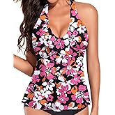 Pink Flower Print Womens Halter Tankini Tops - 2025 Flowy Swim Top Only V Neck Bathing Suit Tops Loose Fit Swimsuit Tops No Bottom L