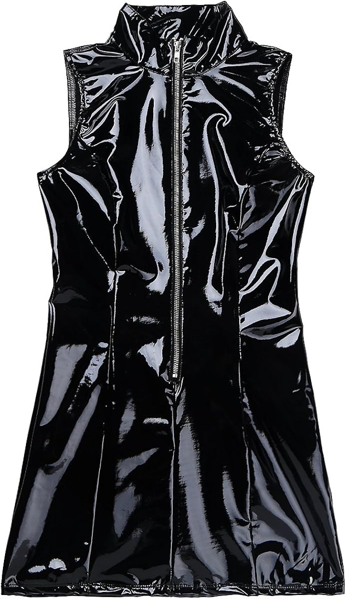 iEFiEL Women PVC Leather Wetlook Sleeveless Stand Collar Front Zipper Bodycon Mini Dress for Club Party: Clothing