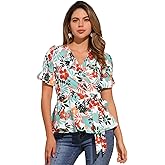 Allegra K Women's Wrap Peplum Top Blouse 2025 Summer Floral Short Sleeve Ruffle V Neck Belted Shirts