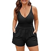Plus Size Swim Romper Women One Piece Swimsuit Tummy Control Bathing Suit Modest Full Coverage Swimwear with Shorts Pockets