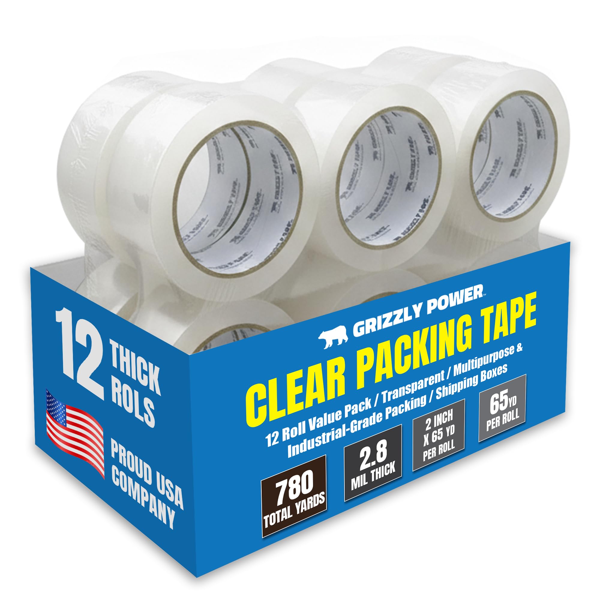 Grizzly Brand Clear Packing Tape Refill Rolls for Shipping, Moving, Packaging - True 2 inch x 60m per roll, 2.8mil Thick, 12 Rolls