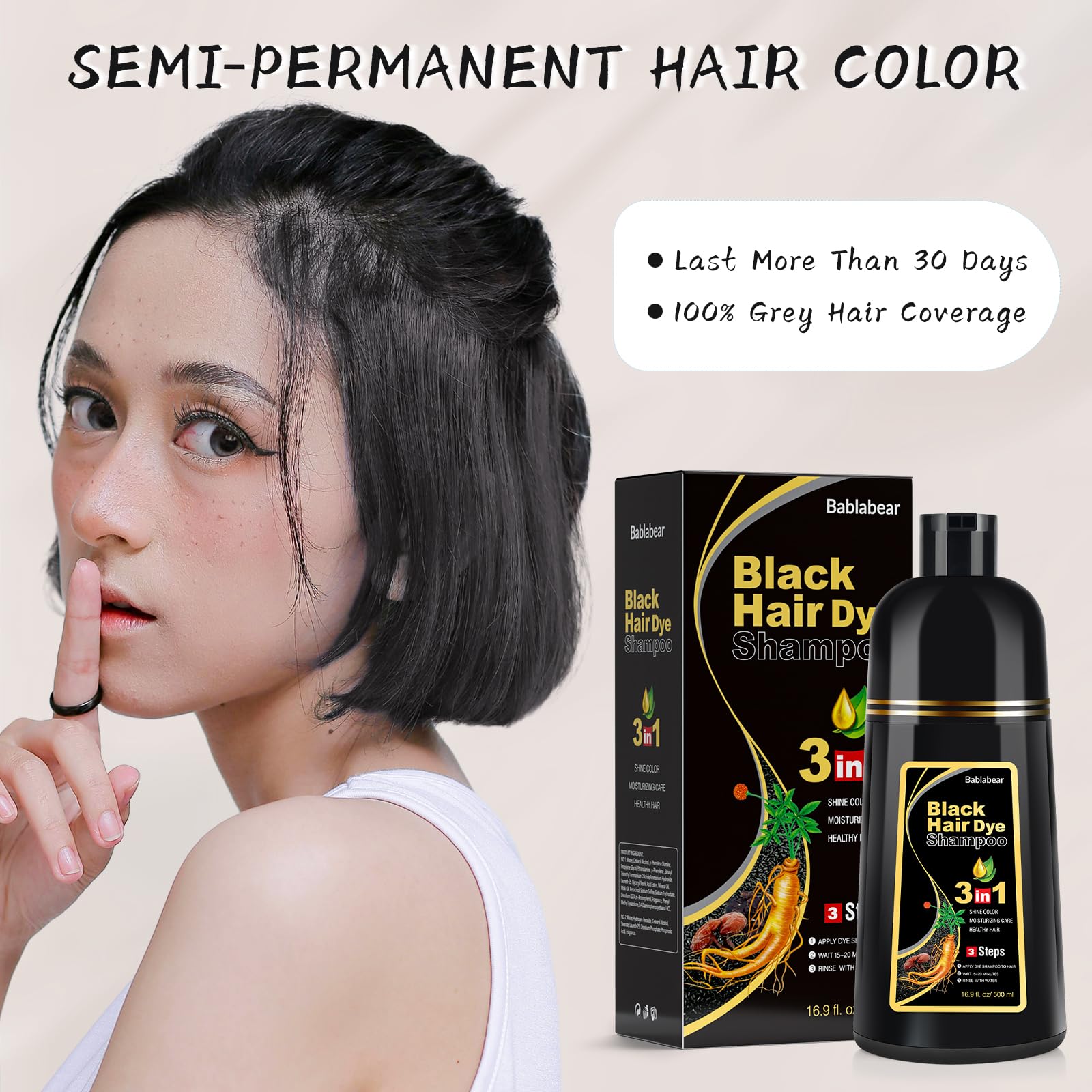 Bablabear Black Hair Dye Shampoo for Gray Hair, Semi-Permanent Hair Color Shampoo for Women and Men, Herbal Ingredients, 3 in 1 100% Grey Coverage.Lasts 30 Days/500ml/Natural herbal Ingredients