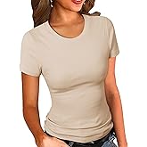 PALINDA Women's Crew Neck Ribbed Fitted Shirt Basic Short Sleeves Summer T Shirt Tops