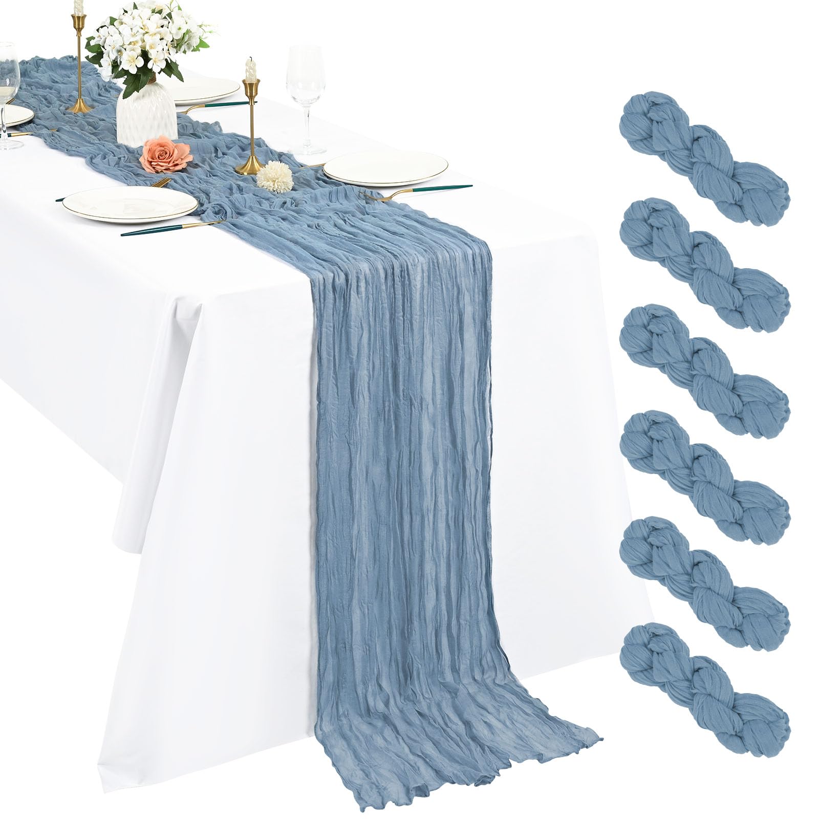 6 Pack Dusty Blue Cheesecloth Table Runner, 10Ft Boho Gauze 21×120 Inch Rustic Romantic Long for Wedding Party Bridal Shower Thanksgiving Christmas Decoration