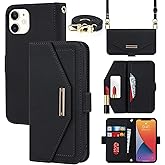Jaorty Crossbody Wallet for iPhone 12 Mini Case with Adjustable Lanyard Strap Credit Card Holder 5.4",PU Leather Handbag Purse Kickstand Make Up Mirror Cover Case for Men Women Girl,Black
