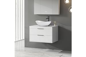 eclife 30" Floating Bathroom Vanities with Sink Combo, Wall Mounted Modern Cabinet W/Diamond Line Pattern Design, White Boat Ceramic Vessel Sink W/Water Save Faucet & Pop Up Drain, White