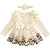 Douhoow Baby Girl Romper Dress Embroidery Lace Flowers Baby Dress Romper Fall Winter Festival Clothes with Headband