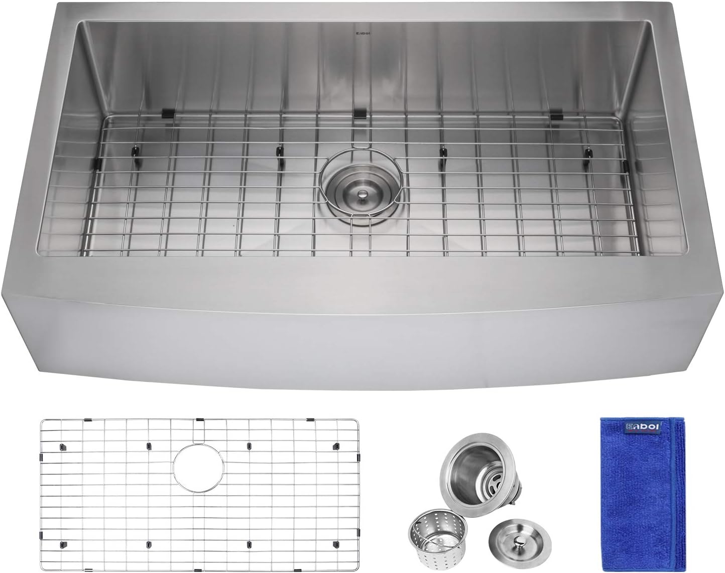 Enbol 36 inch Apron Front Farmhouse Undermount Stainless Steel Kitchen Sink Single Bowl With Bottom Grid and Strainer - EAS3620